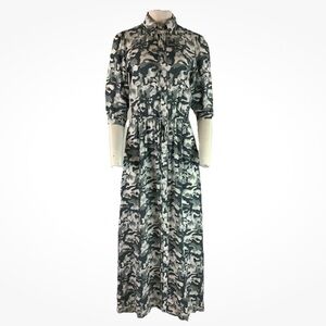 Skemo Sz S Boho Camo Print Beaded Maxi Tunic Dress Gray White Rayon Buttoned